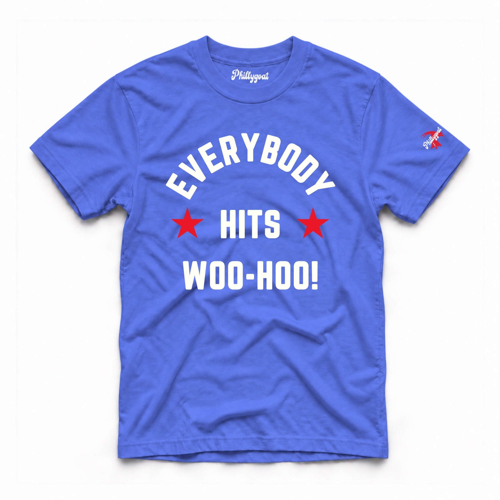 A royal blue short-sleeve t-shirt with a graphic on the front that reads 'EVERYBODY HITS WOO-HOO!' in white text with red stars, shown flat on a white background.