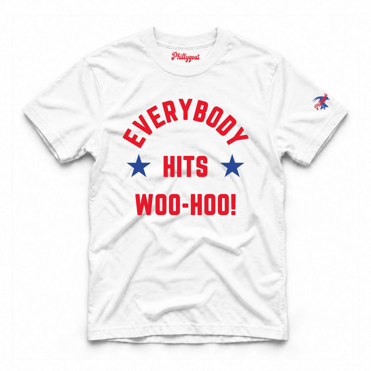 A white short-sleeve t-shirt with a red and blue graphic print on the front reading 'EVERYBODY HITS WOO-HOO!' with two blue stars, and a small red and blue logo on the left sleeve. The inside collar shows the brand name 'Phillygonal'.