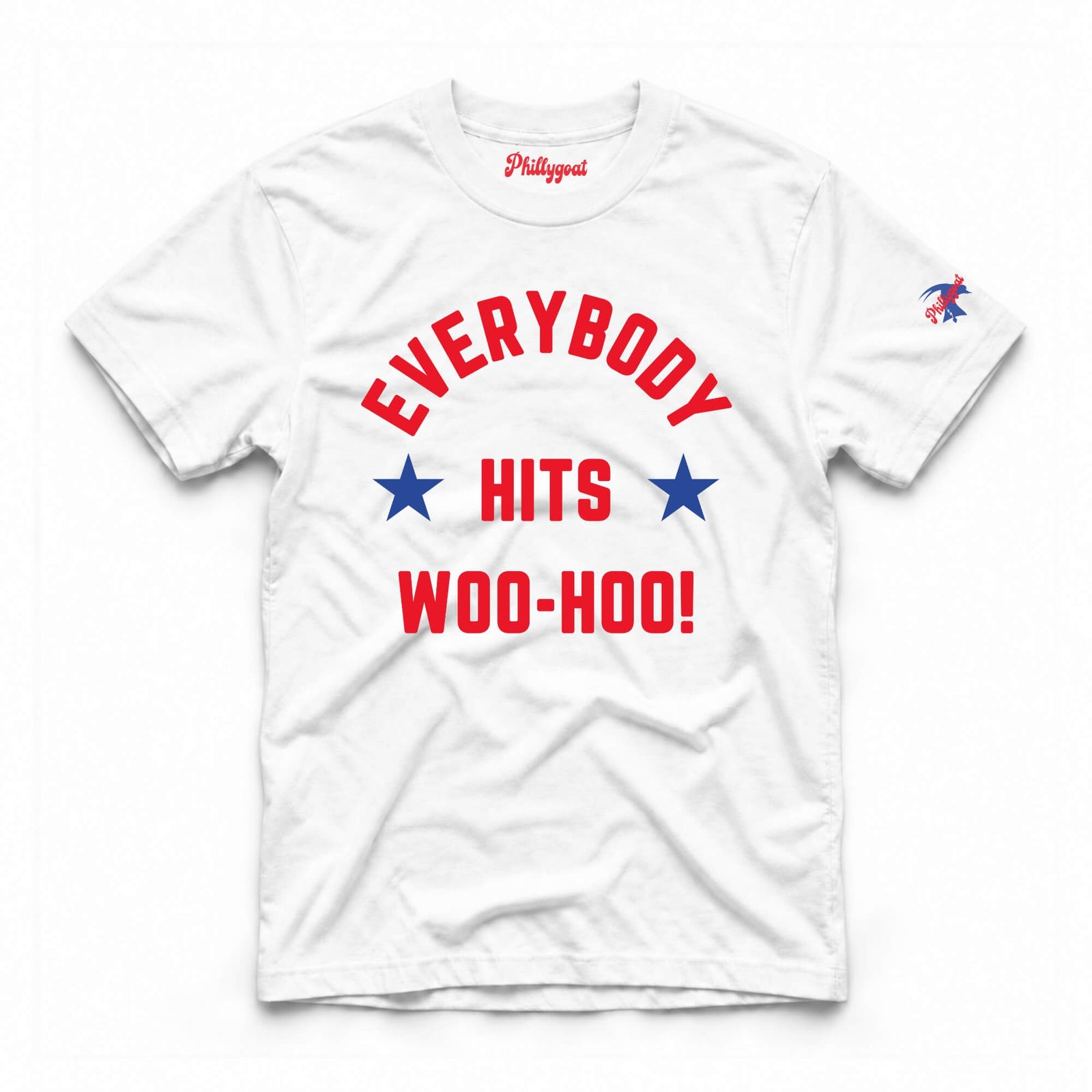 A white short-sleeve t-shirt with a red and blue graphic print on the front reading 'EVERYBODY HITS WOO-HOO!' with two blue stars, and a small red and blue logo on the left sleeve. The inside collar shows the brand name 'Phillygonal'.
