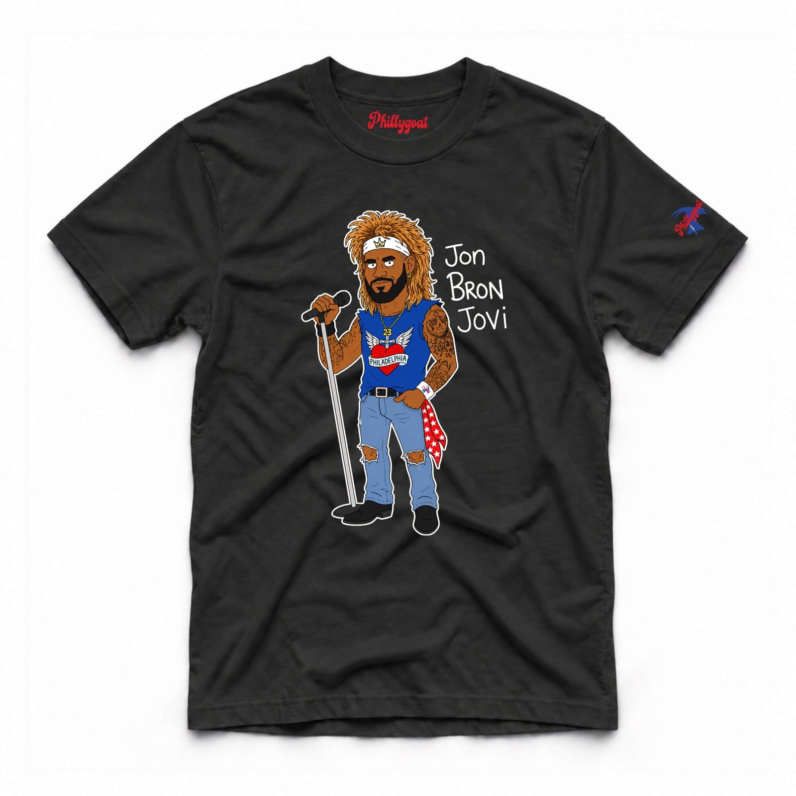 A black short-sleeve graphic t-shirt featuring a cartoon illustration of LeBron James as Jon Bon Jovi holding a microphone, with the text 'Jon Bron Jovi' printed next to him. The shirt is displayed flat against a clean white background.