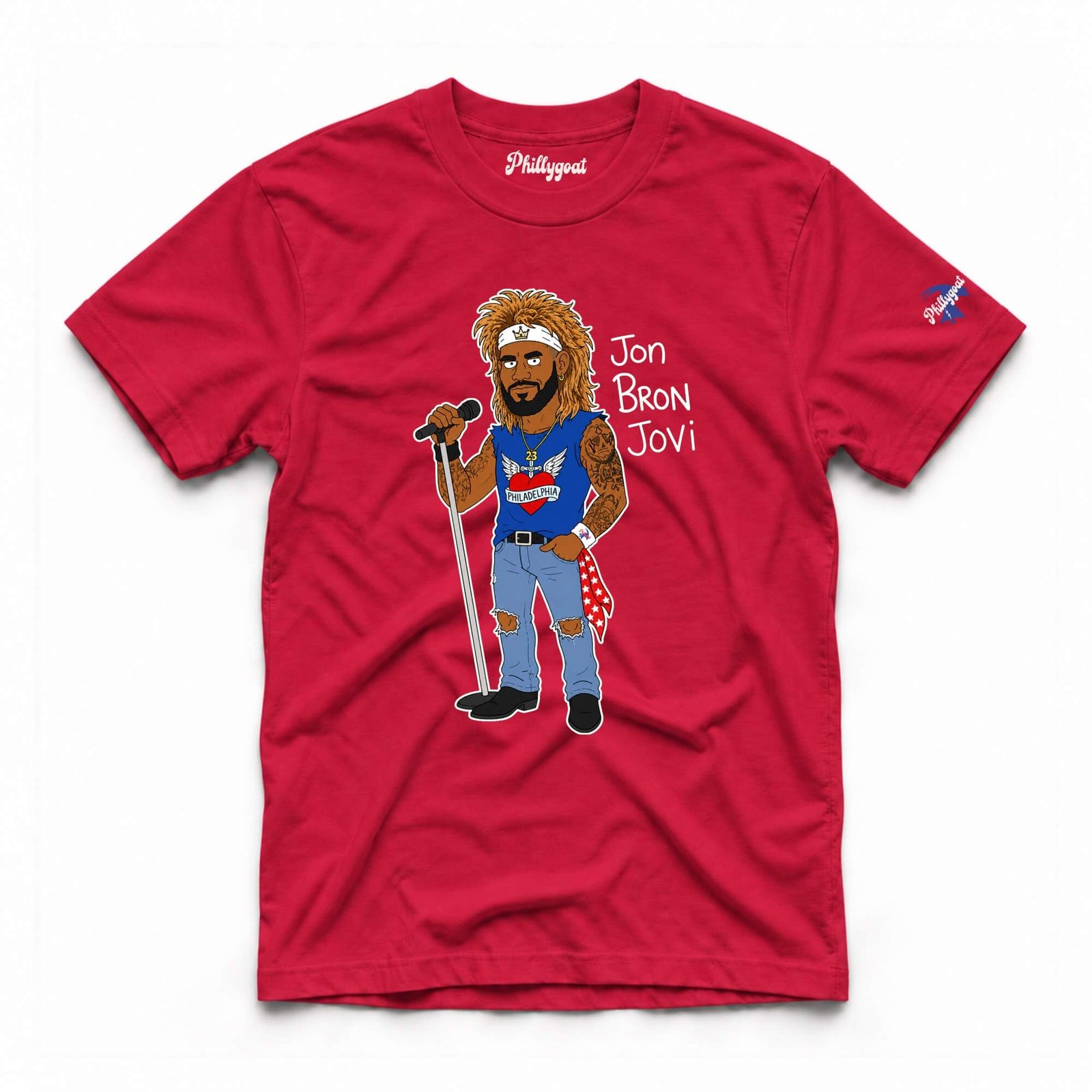 A red short-sleeve t-shirt with a cartoon graphic of LeBron James as Jon Bon Jovi holding a microphone, with 'Jon Bron Jovi' printed in white text on the front. The brand 'Phillygoat' is visible on the inner neck label.
