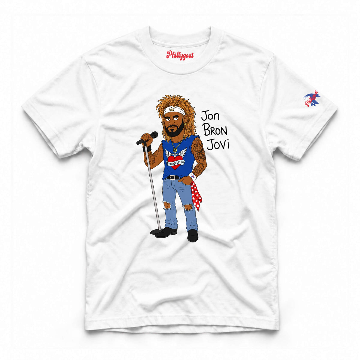 A white short-sleeve t-shirt with a cartoon graphic of LeBron James as Jon Bon Jovi holding a microphone, with 'Jon Bron Jovi' printed in black text next to him. The word 'Phillygoat' is printed in red on the inside neck label, and a small red and blue logo is on the left sleeve.