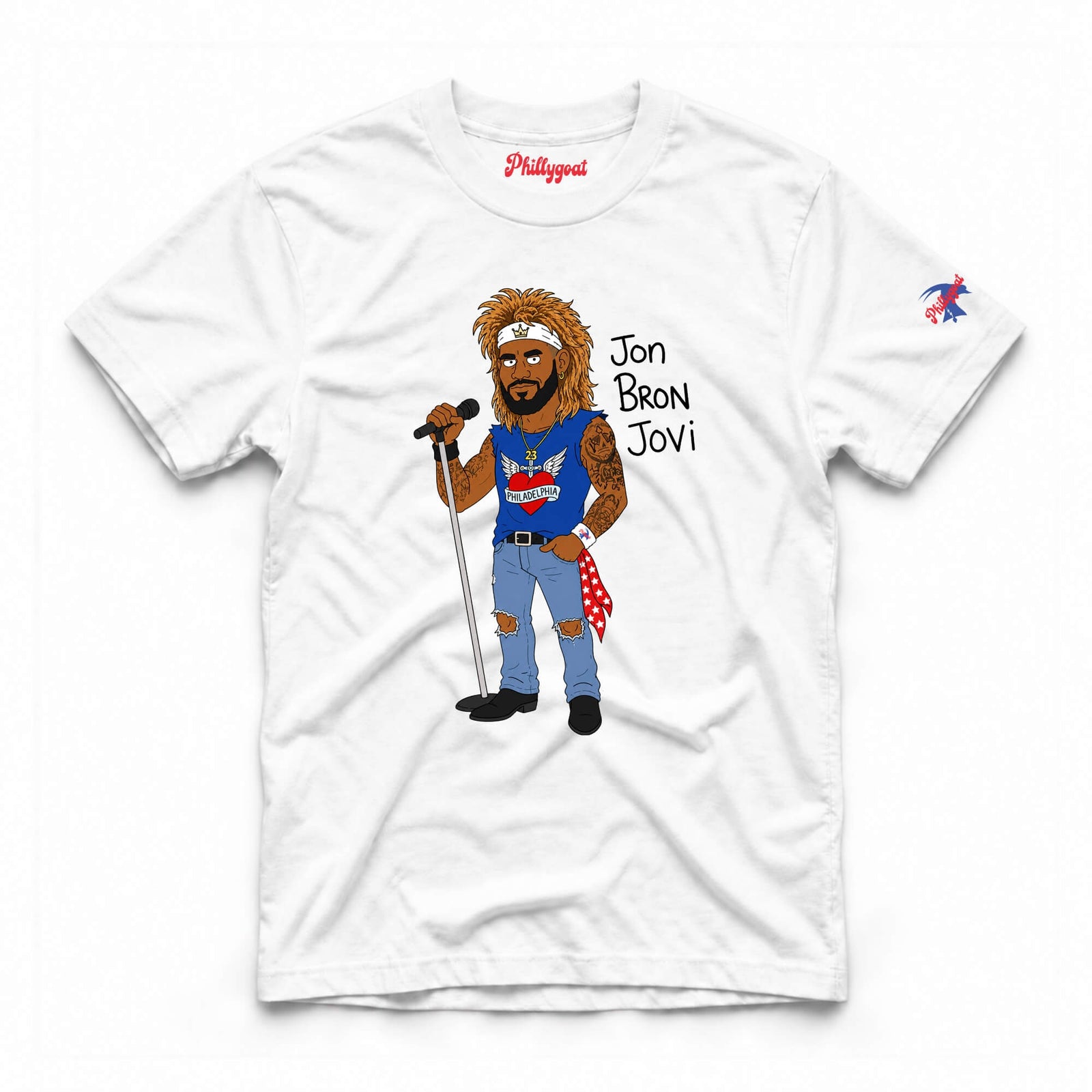 A white short-sleeve t-shirt with a cartoon graphic of LeBron James as Jon Bon Jovi holding a microphone, with 'Jon Bron Jovi' printed in black text next to him. The word 'Phillygoat' is printed in red on the inside neck label, and a small red and blue logo is on the left sleeve.