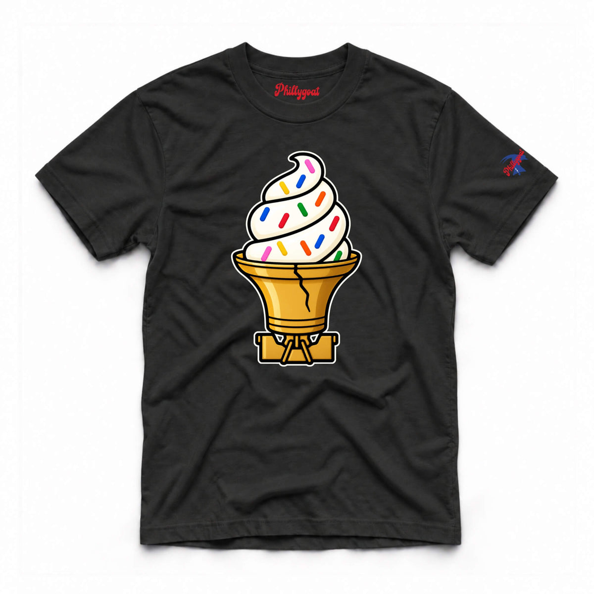 A black short-sleeve t-shirt with a graphic of a soft-serve ice cream cone in a golden cone, decorated with colorful sprinkles, displayed on a clean white background.