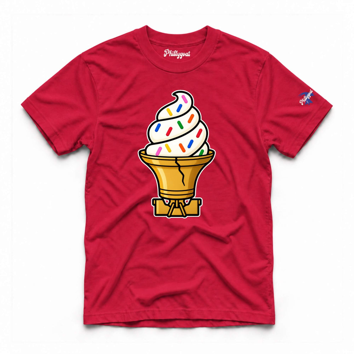 A red short-sleeve t-shirt with a cartoon graphic of a soft-ice cream cone in a golden cone. The inside collar shows the brand name 'Philippist' in white script, and there is a small logo on the right sleeve.