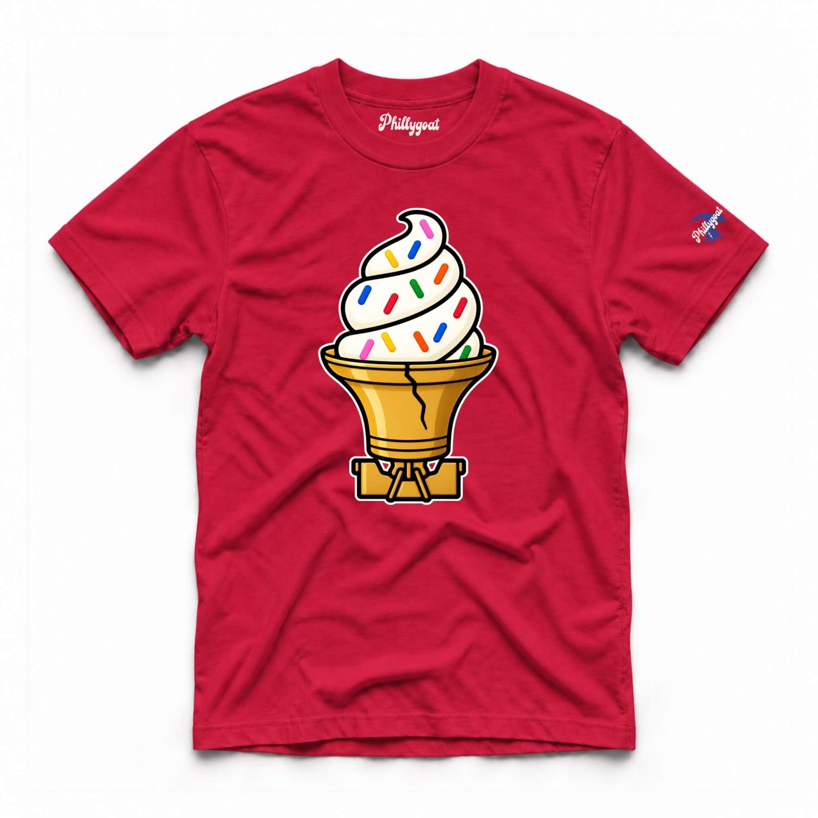 A red short-sleeve t-shirt with a cartoon graphic of a soft-ice cream cone in a golden cone. The inside collar shows the brand name 'Philippist' in white script, and there is a small logo on the right sleeve.