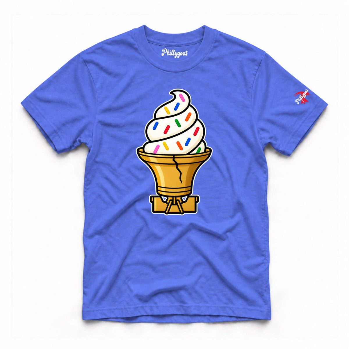 A royal blue short-sleeve t-shirt with a graphic of a soft-serve ice cream cone in a golden cone, featuring multicolor sprinkles. The brand name 'Philippist' is printed in white script inside the collar, and a small red logo is on the left sleeve.