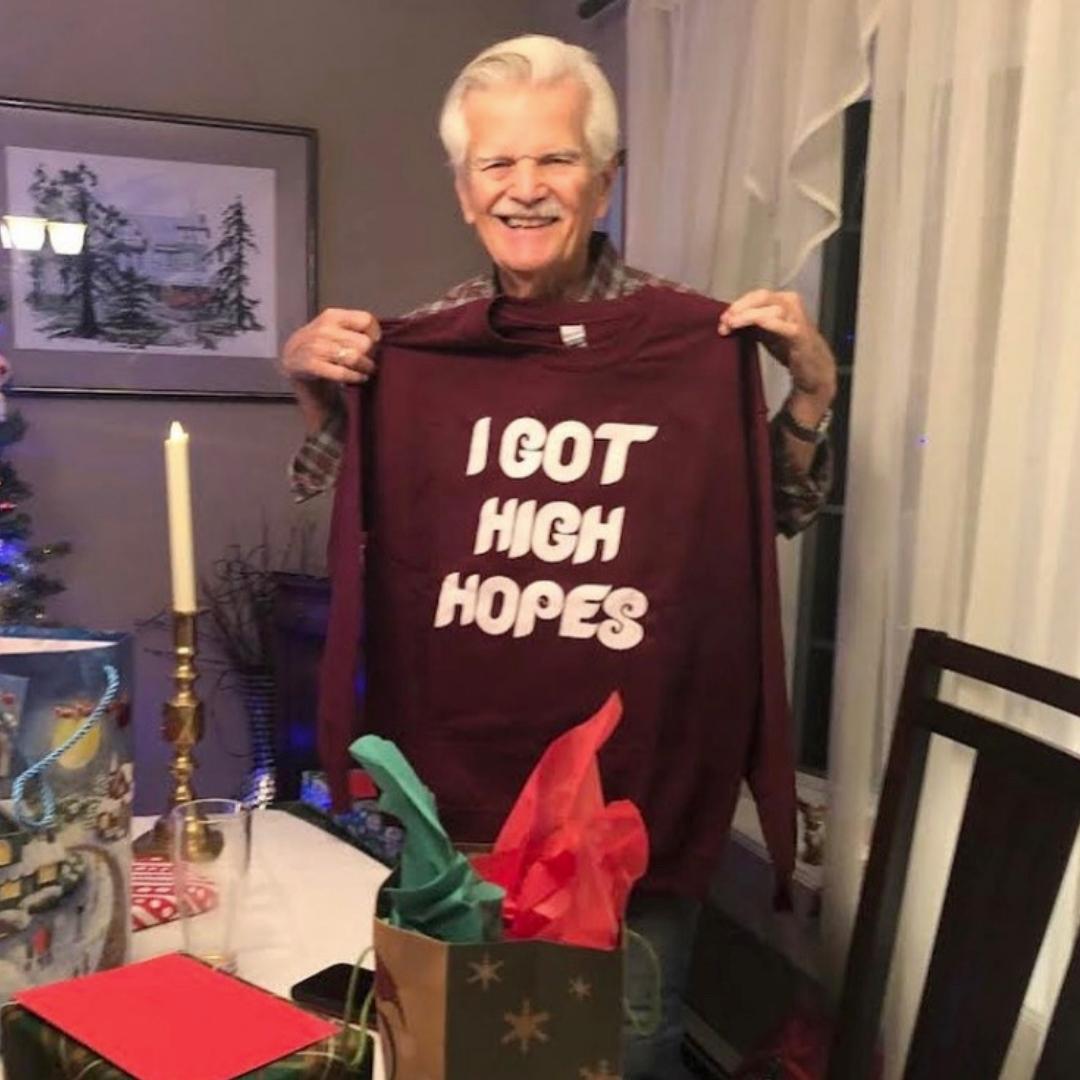 Old guy showing off his new High Hopes philadelphia phillies phillygoat shirt