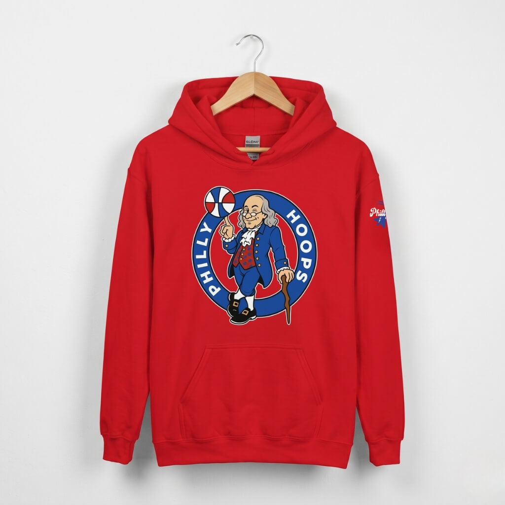 Philadelphia 76ers Ben Franklin Philly Hoops red hoodie by Phillygoat