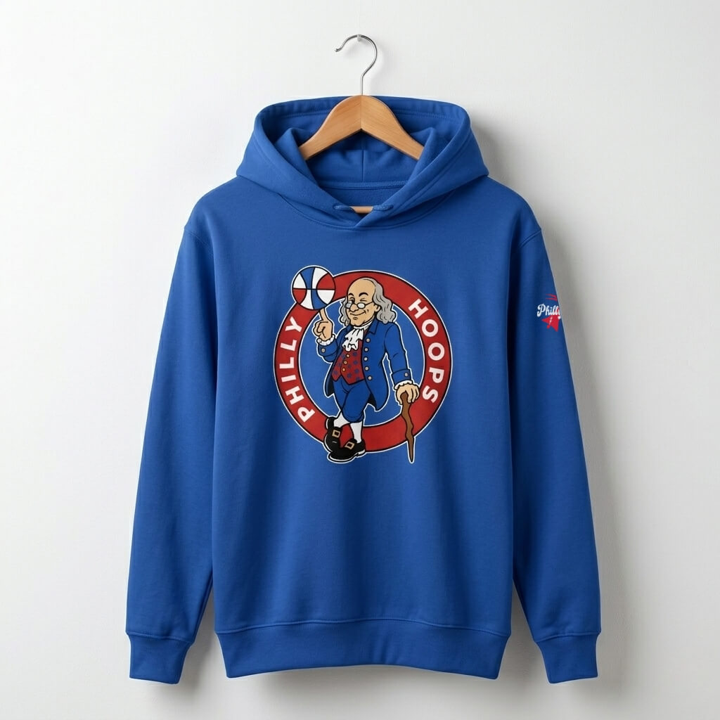 Philadelphia 76ers Ben Franklin Philly Hoops royal blue hoodie by Phillygoat