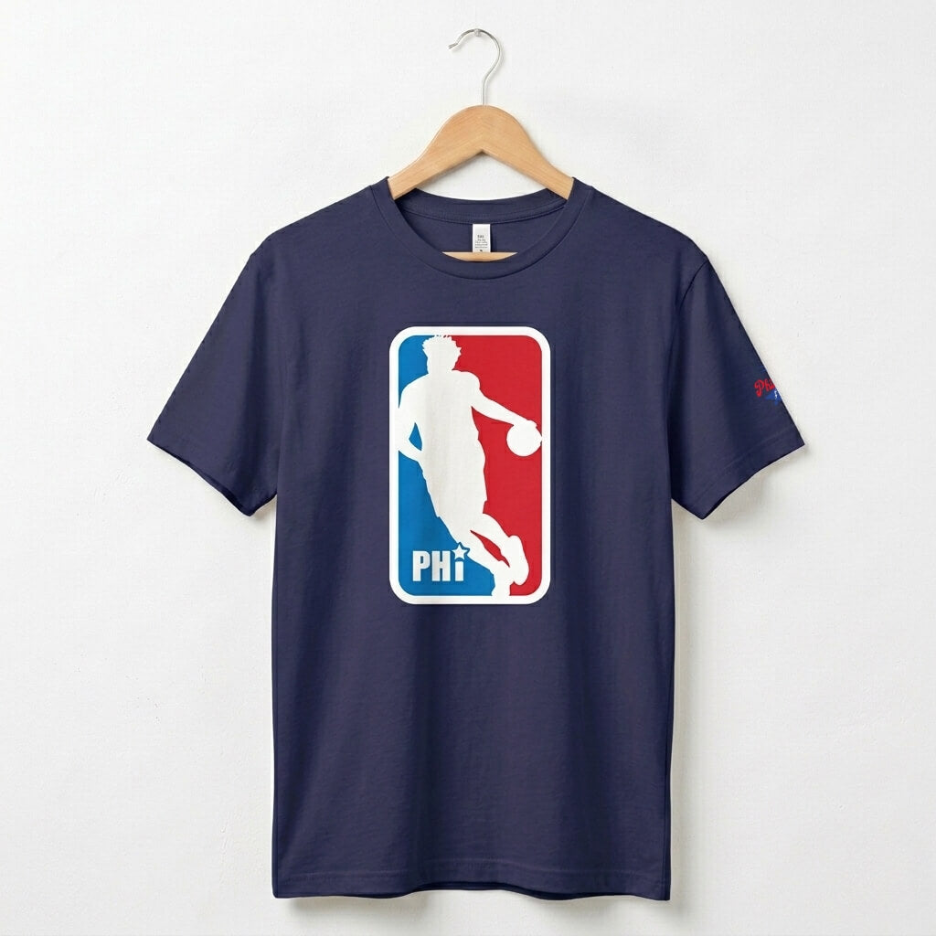 Philadelphia 76ers Joel Embiid NBA logo heather navy blue t-shirt by Phillygoat