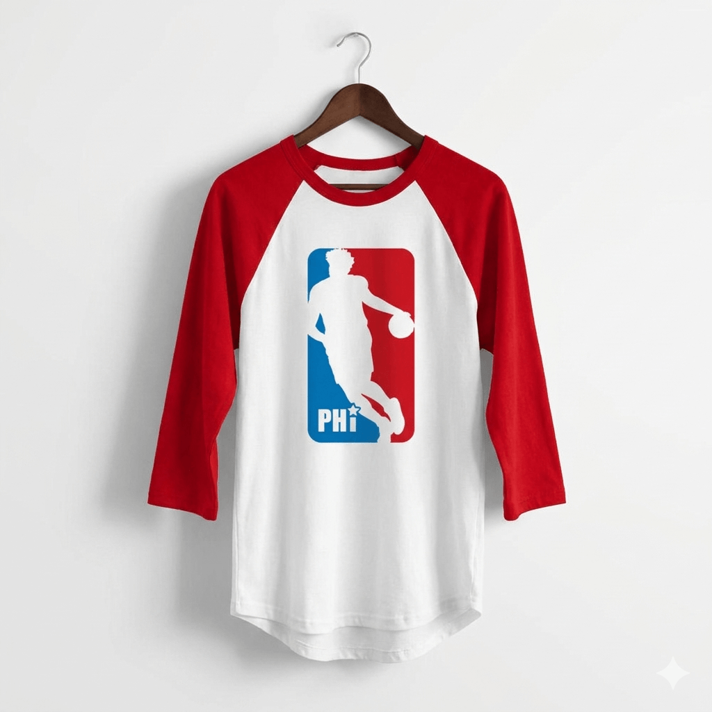 Philadelphia 76ers Joel Embiid NBA logo 3/4 sleeve red raglan shirt by Phillygoat