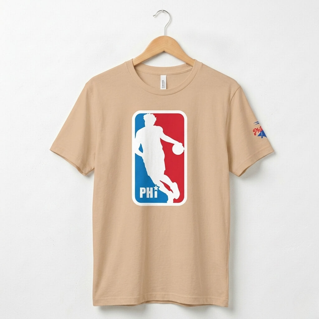 Philadelphia 76ers Joel Embiid NBA logo tan t-shirt by Phillygoat