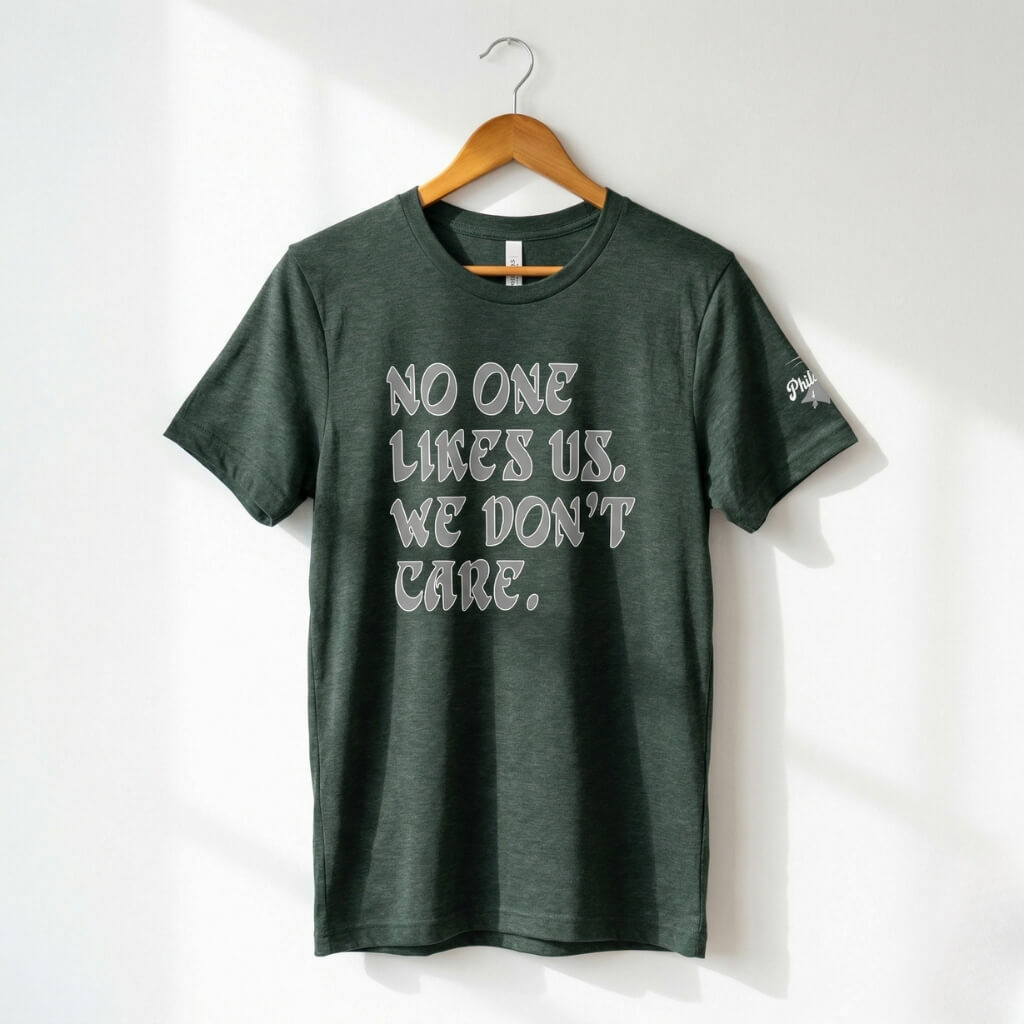 Philadelphia Eagles No One Likes Us We Don't Care forest green shirt by Phillygoat