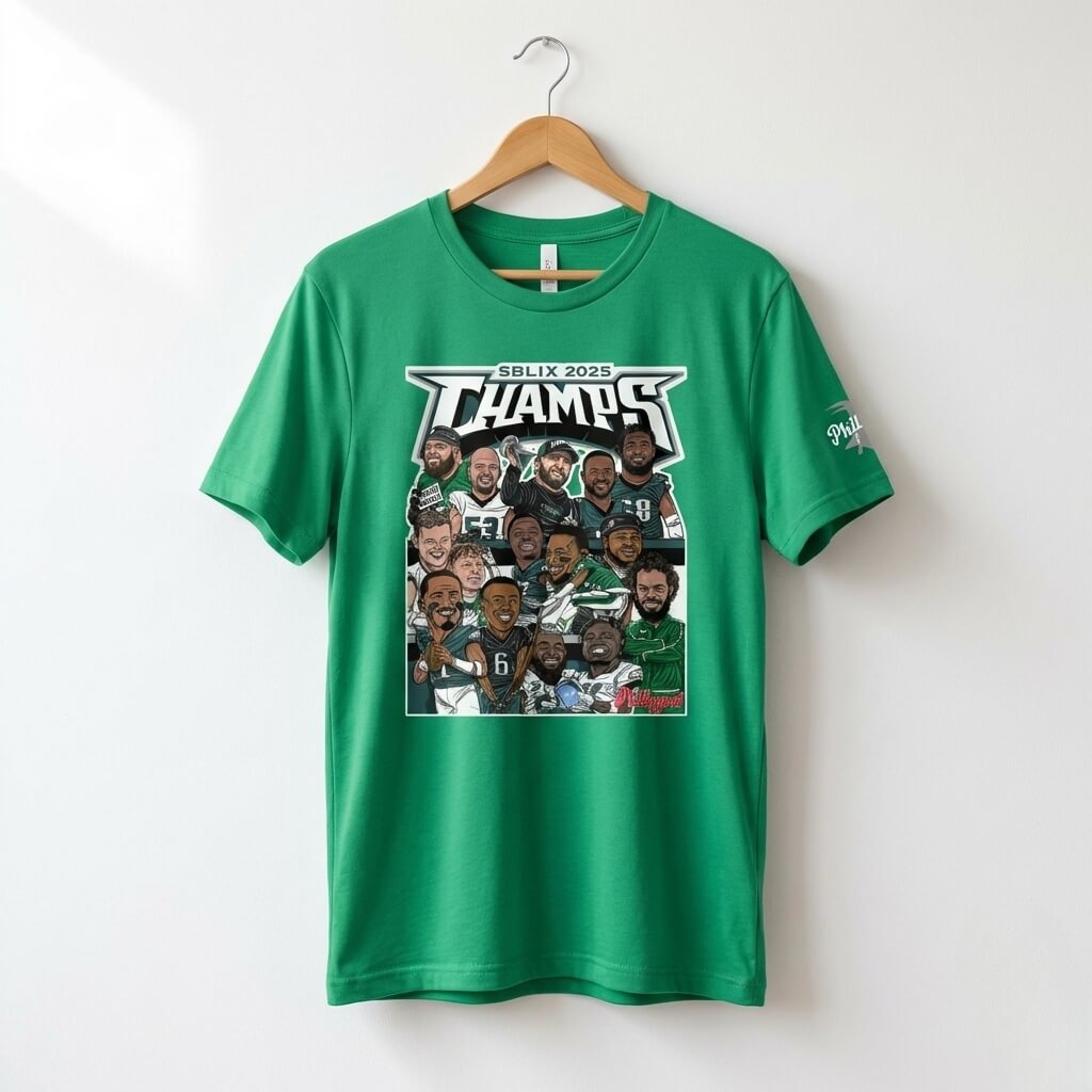 Philadelphia Eagles Super Bowl LIX Champs kelly green caricature t-shirt by Phillygoat