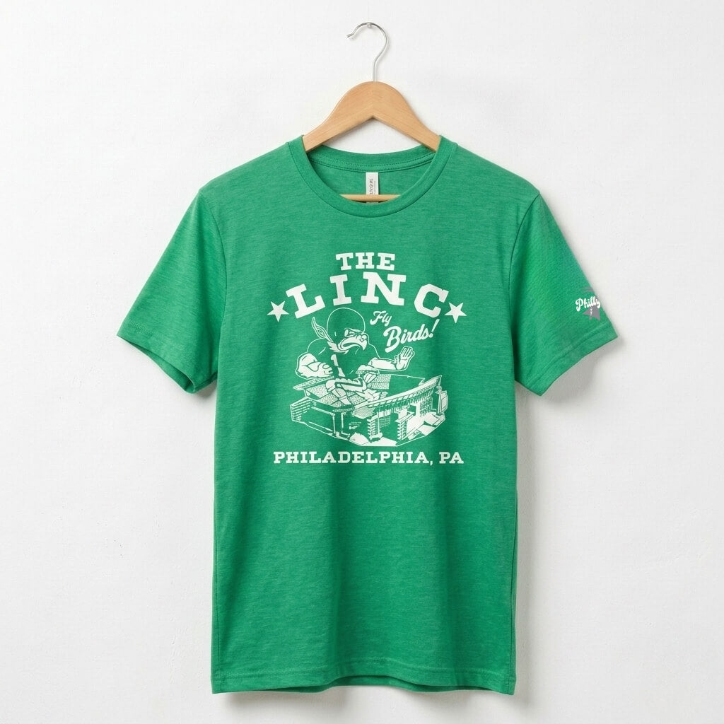 Philadelphia Eagles kelly green The Linc t-shirt with a retro Go Birds mascot by Phillygoat