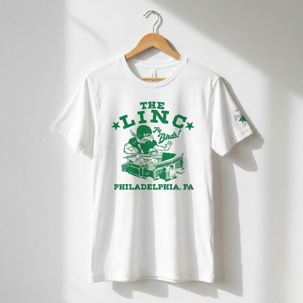 Philadelphia Eagles white The Linc t-shirt with a retro Go Birds mascot by Phillygoat