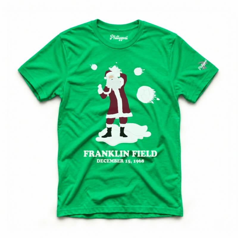 Philadelphia fans threw snowballs at santa funny kelly green t-shirt from Phillygoat