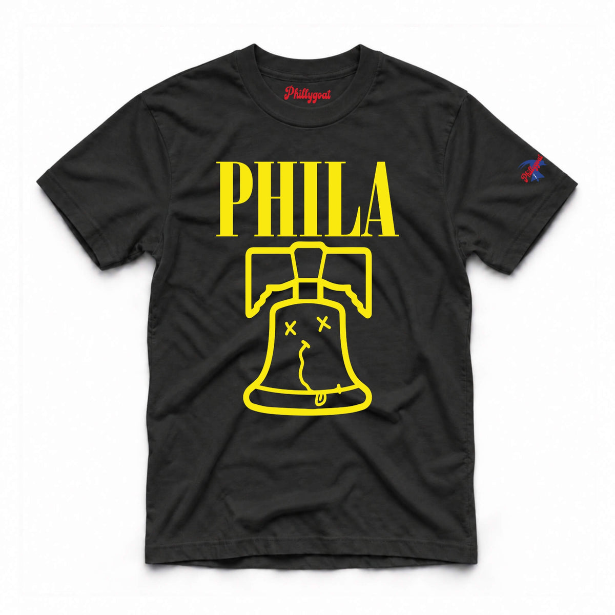 Philadelphia Nirvana t-shirt.  A black short-sleeve t-shirt with a yellow graphic of the Liberty Bell and the word 'PHILA' printed in large yellow letters on the front. The brand name 'Philippini' is visible in red script inside the collar, and a small red and blue logo is printed on the right sleeve.
