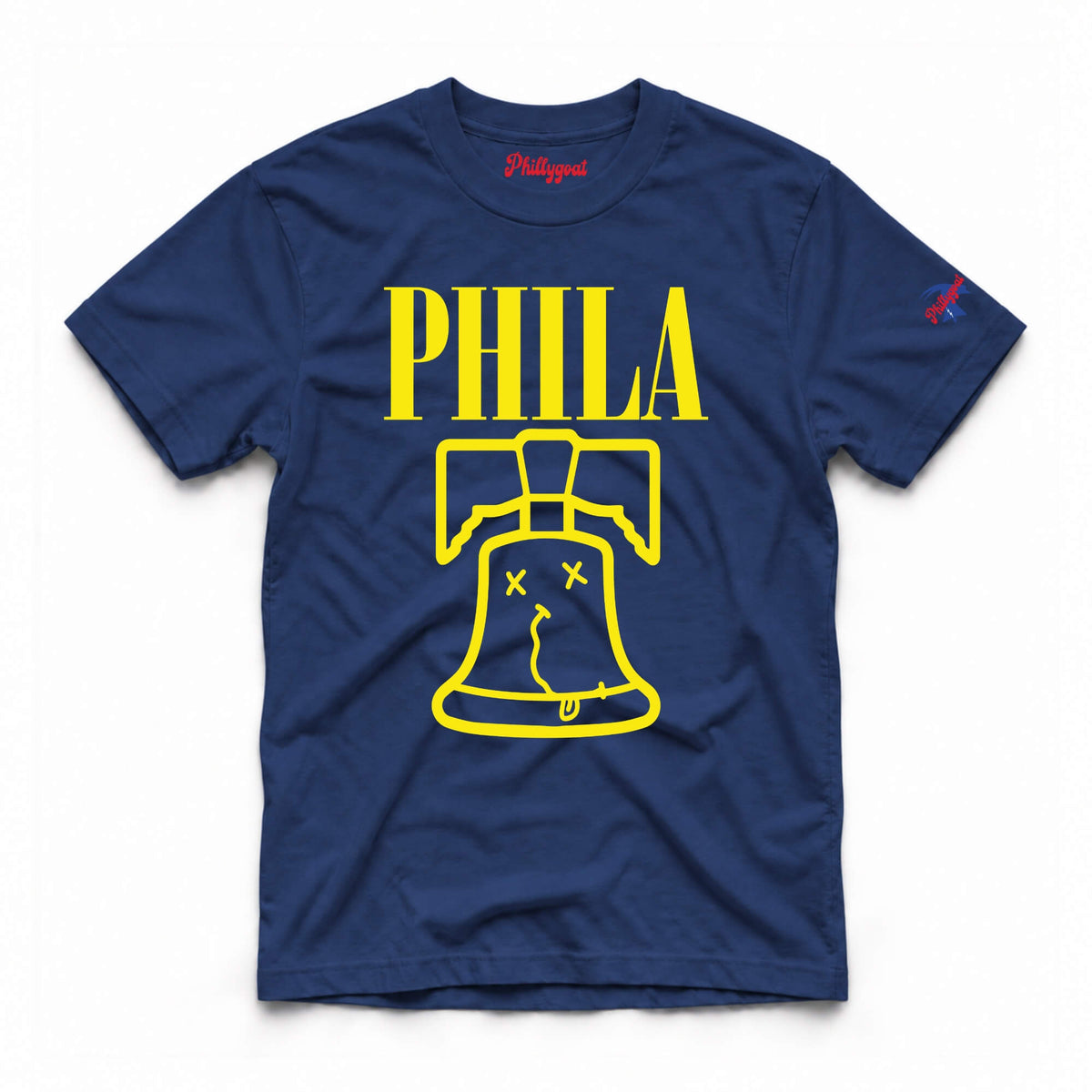 Philadelphia Nirvana t-shirt. A navy blue short-sleeve t-shirt with a yellow graphic print on the front. The graphic features the word 'PHILA' in bold yellow letters above a yellow outline of the Liberty Bell with a cat inside.