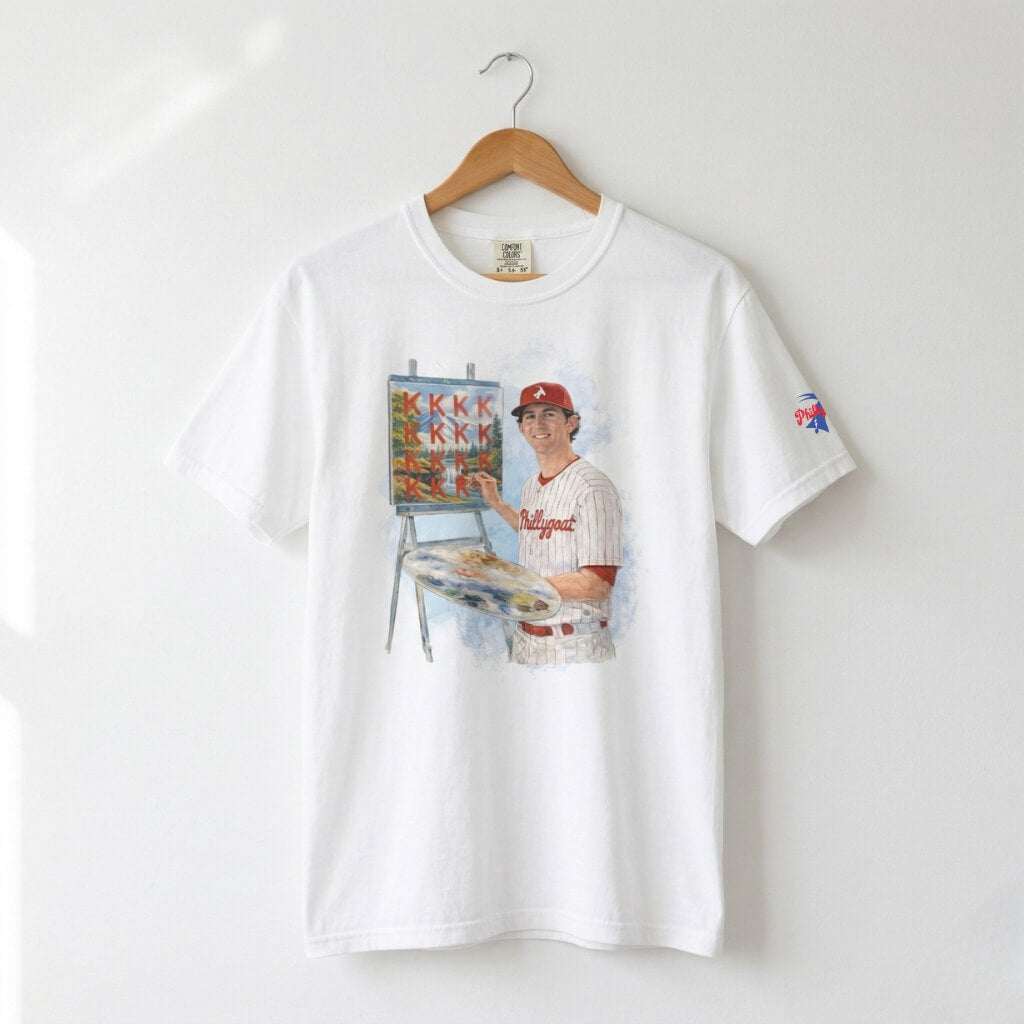 Philadelphia Phillies Andrew Painter as Bob Ross painting happy little K's on aa white Phillygoat t-shirt