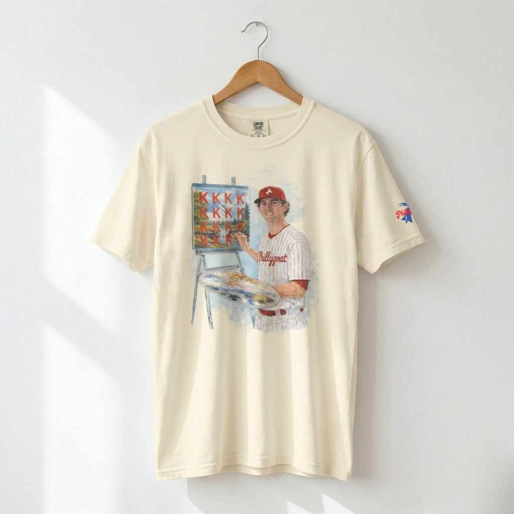 Philadelphia Phillies Andrew Painter as Bob Ross painting happy little K's on an ivory Phillygoat t-shirt
