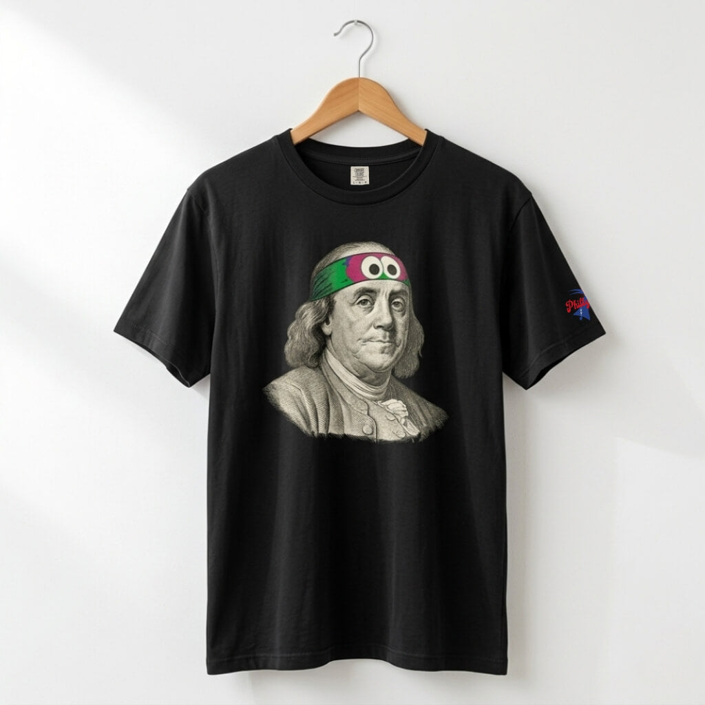 Philadelphia Phillies Ben Franklin wearing a Phillie Phanatic headband funny black t-shirt by Phillygoat