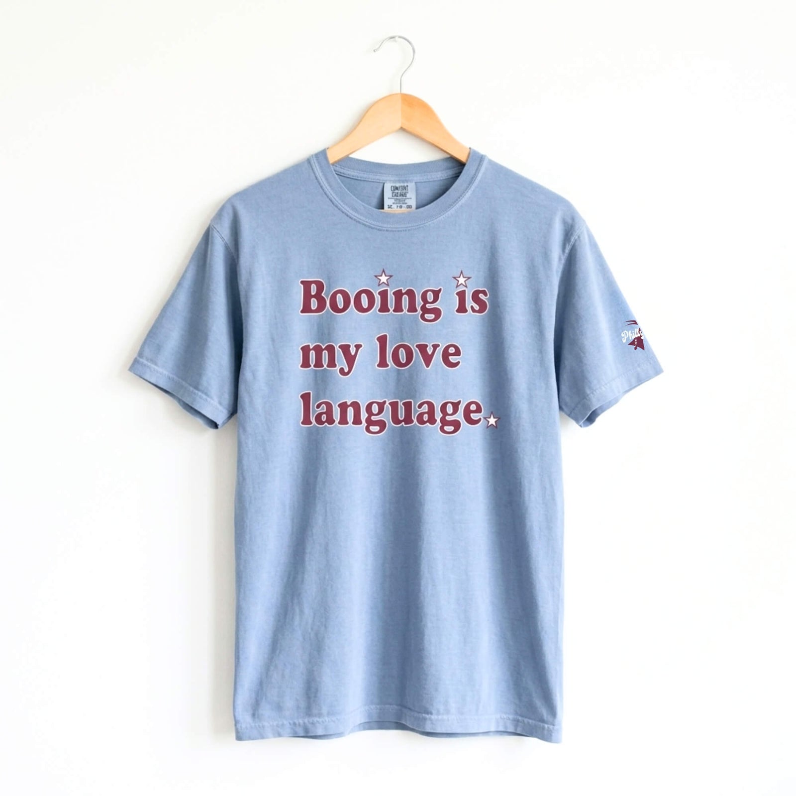 Philadelphia Phillies booing is my love language washed denim comfort colors t-shirt by Phillygoat