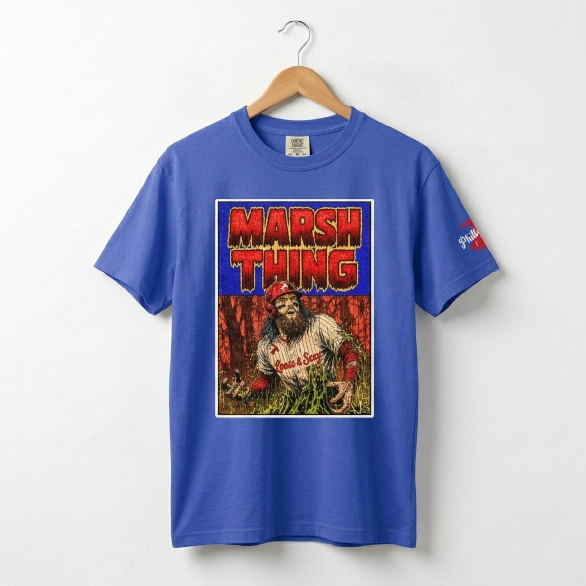 Philadelphia Phillies Barndon Marsh Swamp Thing roayl bnue comfort colors t-shirt by Phillygoat