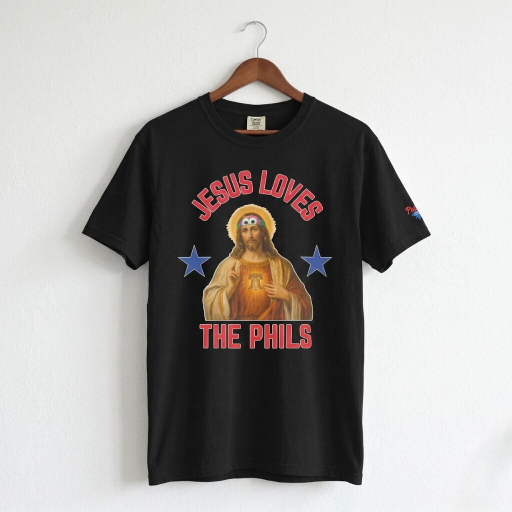 Philadelphia Phillies funny Jesus Loves the Phils black shirt by Phillygoat