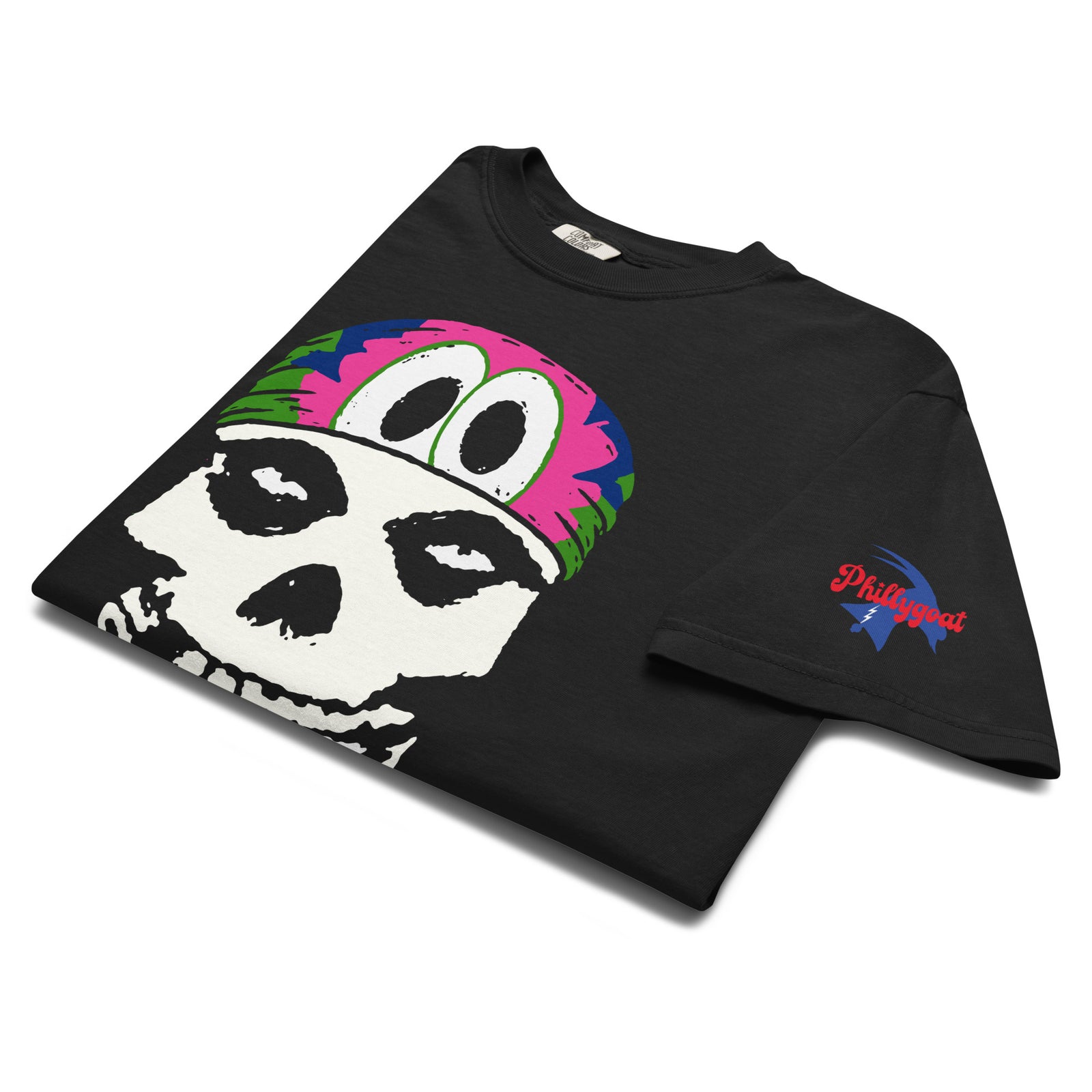 Misphits garment-dyed heavyweight tee — Phanatic-inspired skull design — angle - Phillygoat