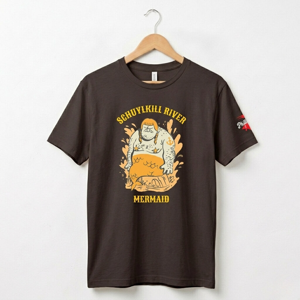 Philadelphia Schuylkill River Mermaid funny brown t-shirt by Phillygoat