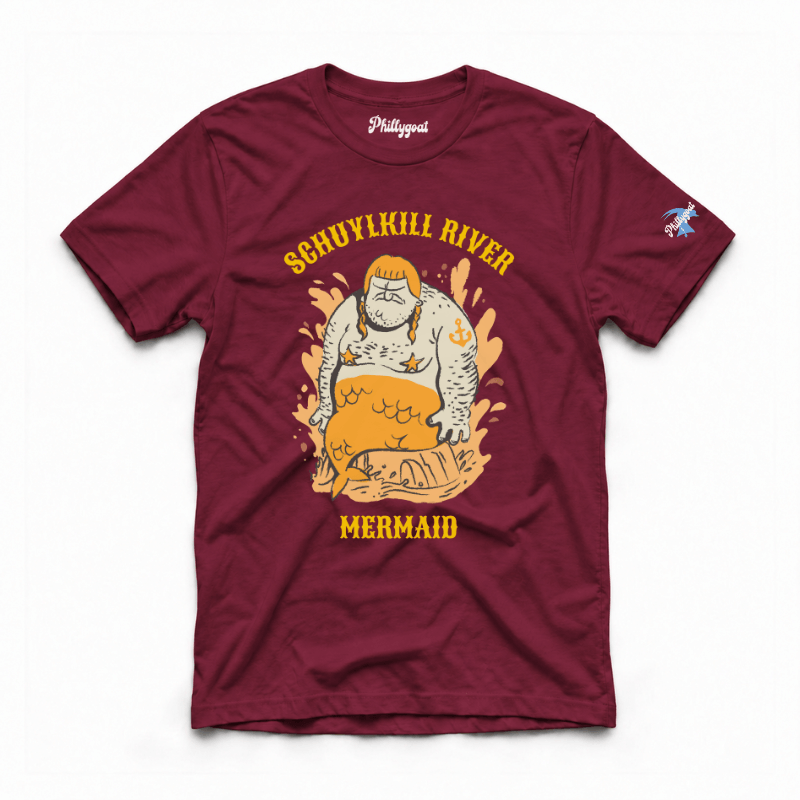 Philadelphia Schuylkill River Mermaid funny maroon t-shirt rom Phillygoat