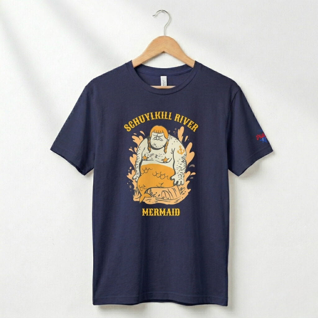 Philadelphia Schuylkill River Mermaid funny navy blue t-shirt by Phillygoat