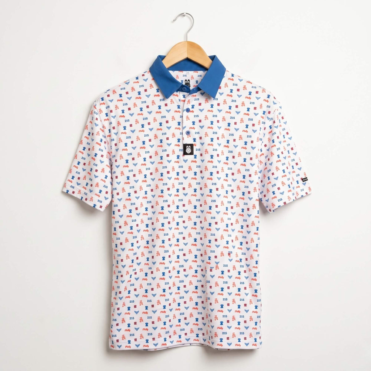 Philly phrenetic white and blue mens golf polo by phillygoat