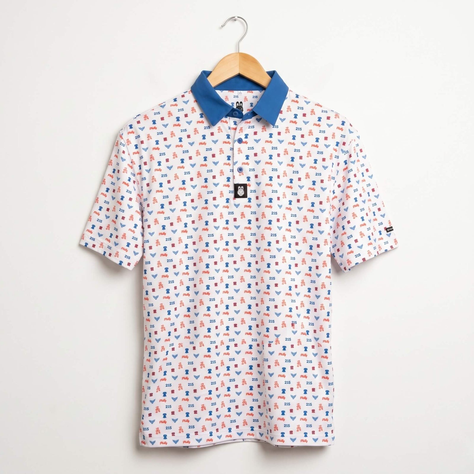 Philly phrenetic white and blue mens golf polo by phillygoat