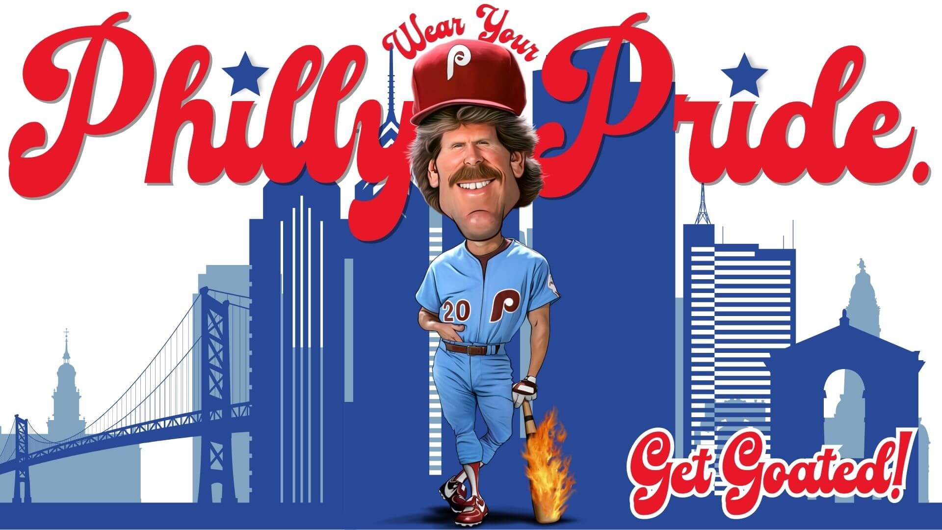 Phillygoat header image featuring a Mike Schmidt caricature in a Philadelphia Phillies uniform with the tagline "Wear Your Philly Pride" and Get Goated!