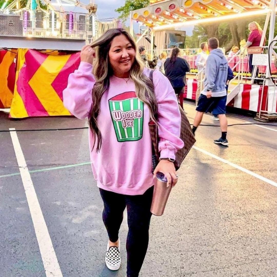 woman wearing a pink rita's wooder ice philadelphia philly delco phillygoat shirt 