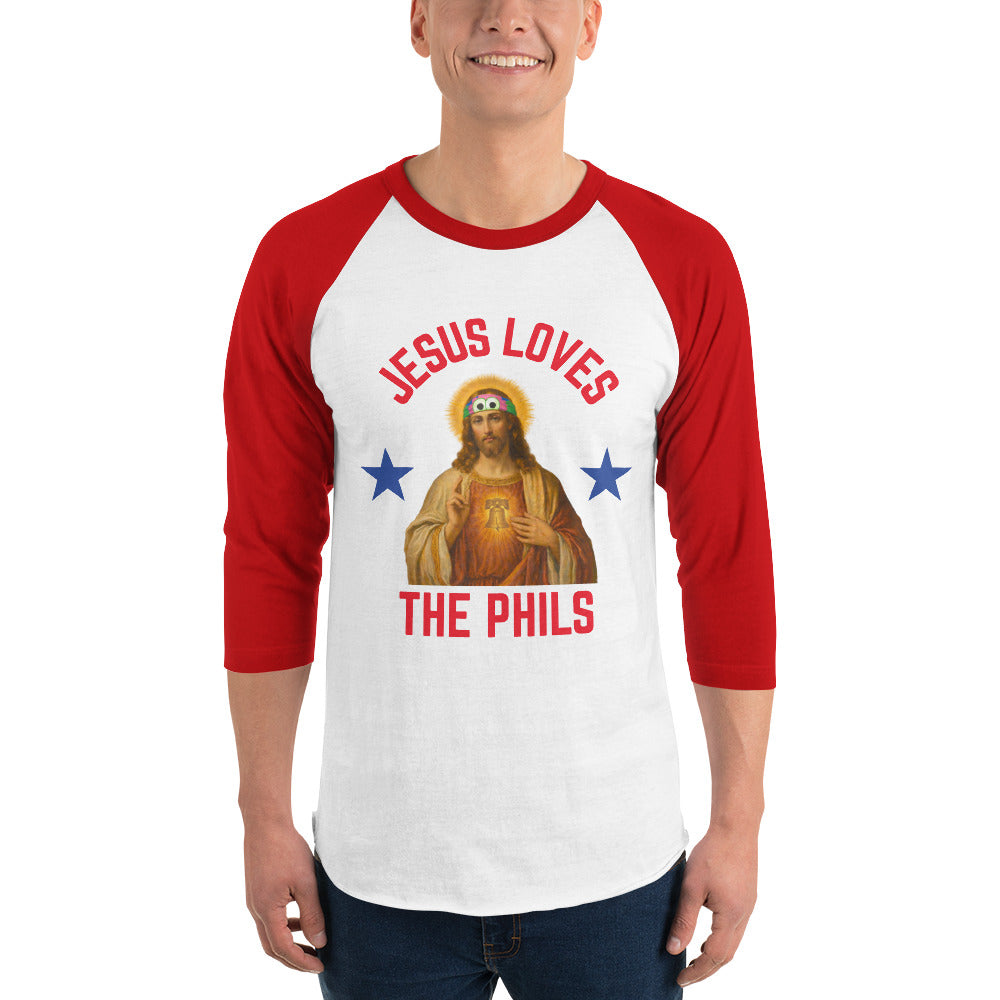 "Jesus Loves the Phils" 3/4 Sleeve Raglan Tee by Phillygoat – Philadelphia sports apparel
