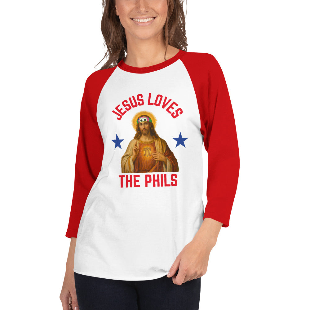 "Jesus Loves the Phils" 3/4 Sleeve Raglan Tee by Phillygoat – Philadelphia sports apparel