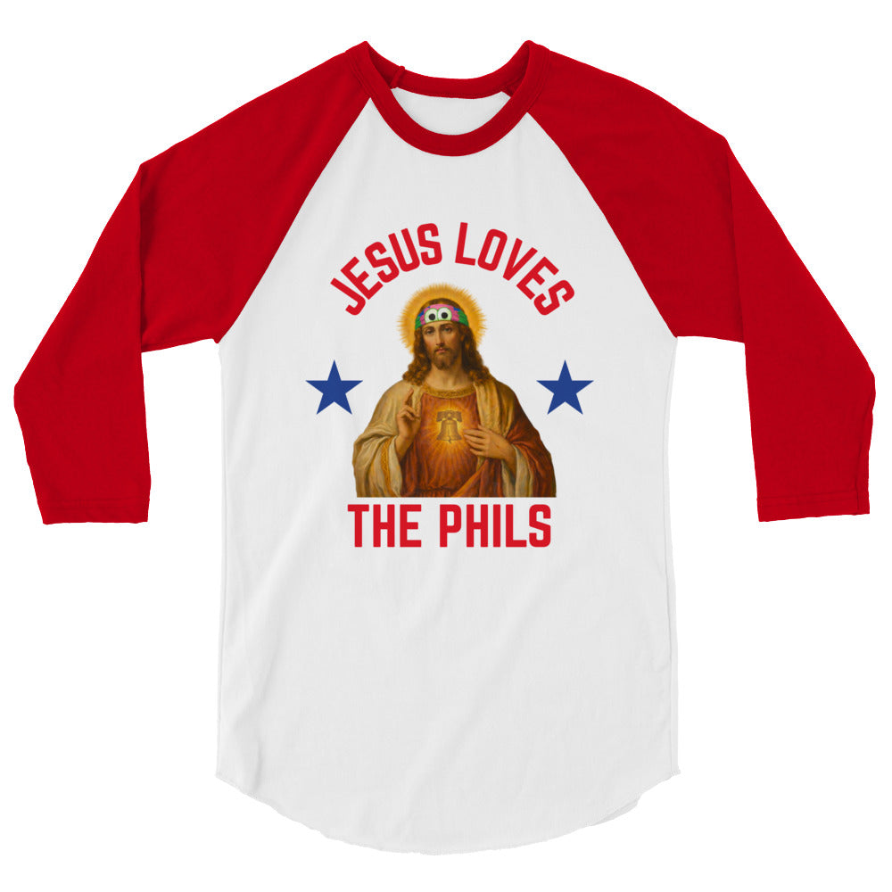 "Jesus Loves the Phils" 3/4 Sleeve Raglan Tee by Phillygoat – Philadelphia sports apparel