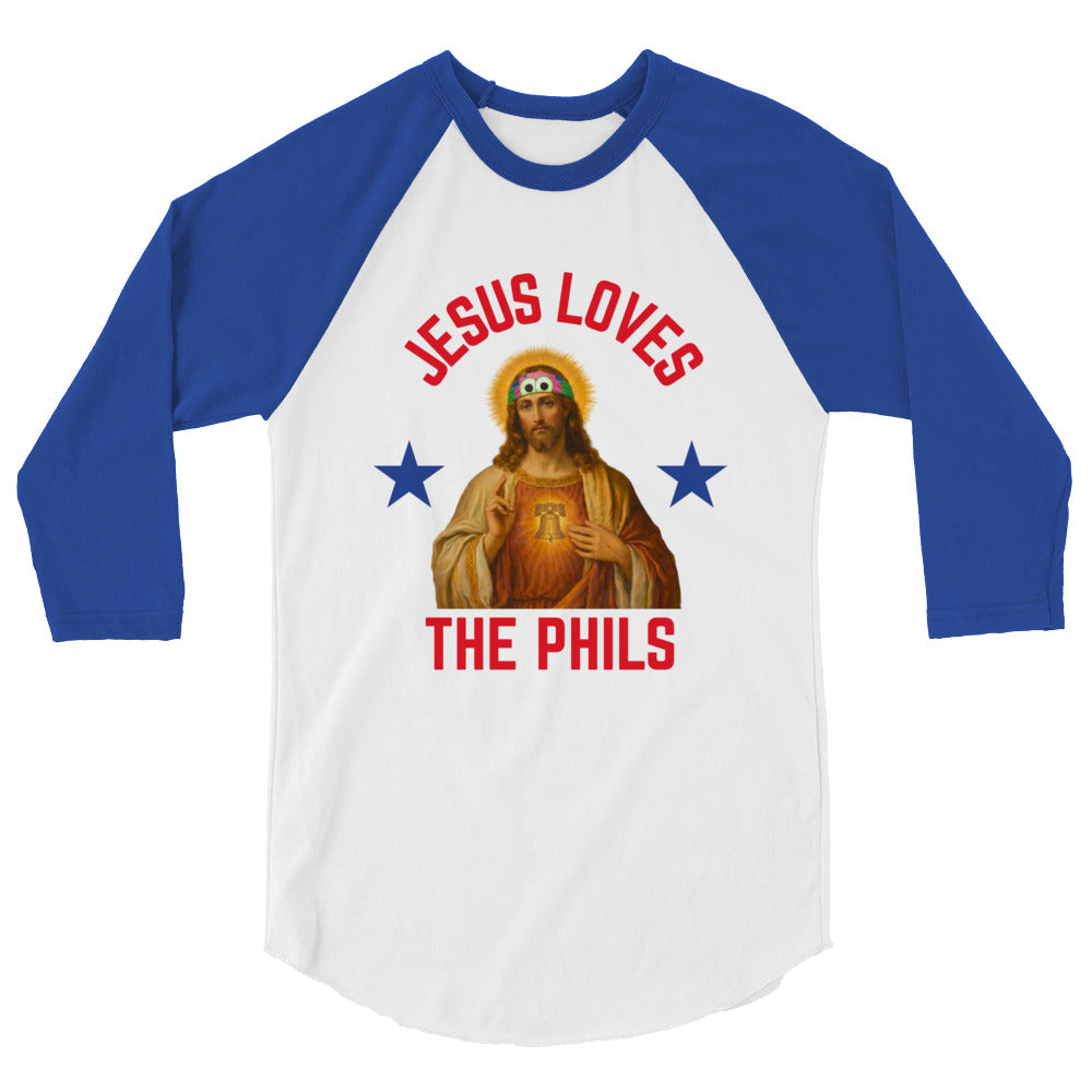 "Jesus Loves the Phils" 3/4 Sleeve Raglan Tee by Phillygoat – Philadelphia sports apparel