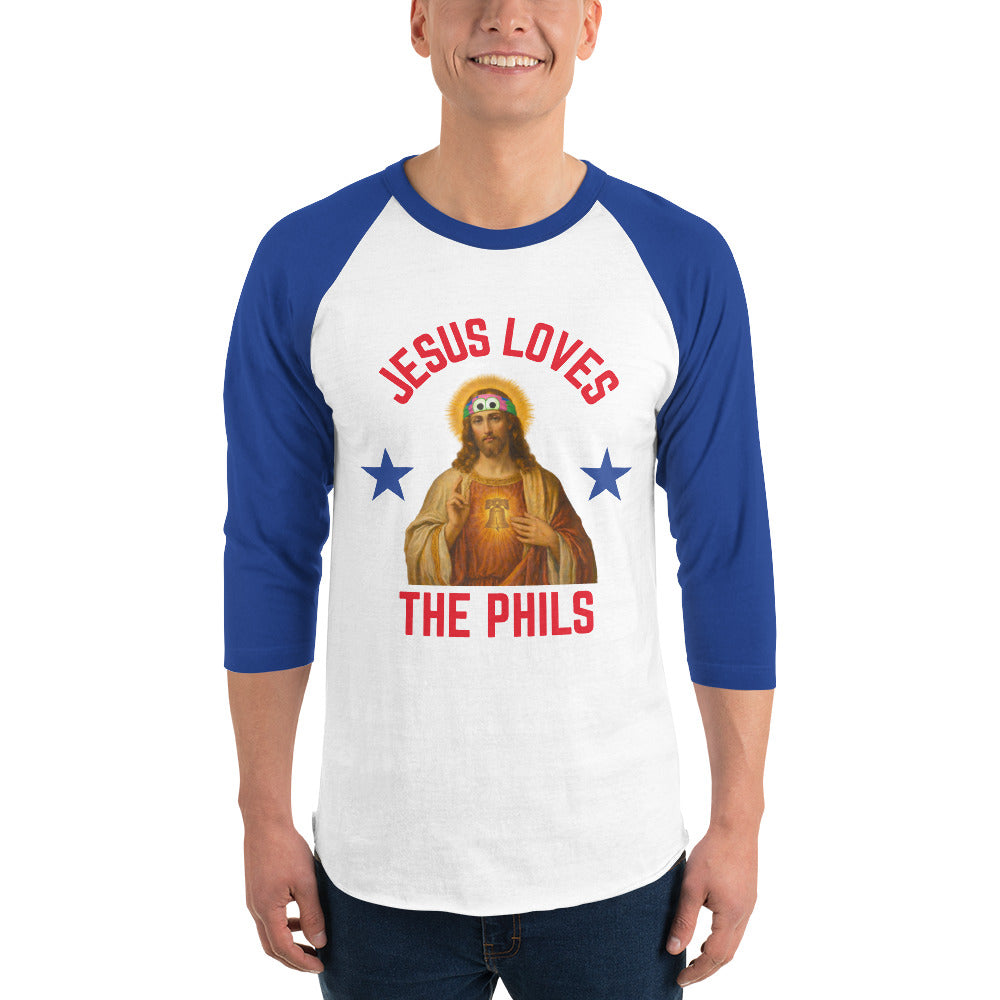 "Jesus Loves the Phils" 3/4 Sleeve Raglan Tee by Phillygoat – Philadelphia sports apparel