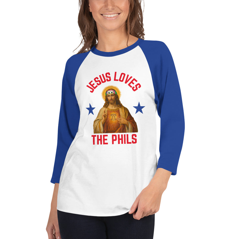 "Jesus Loves the Phils" 3/4 Sleeve Raglan Tee by Phillygoat – Philadelphia sports apparel