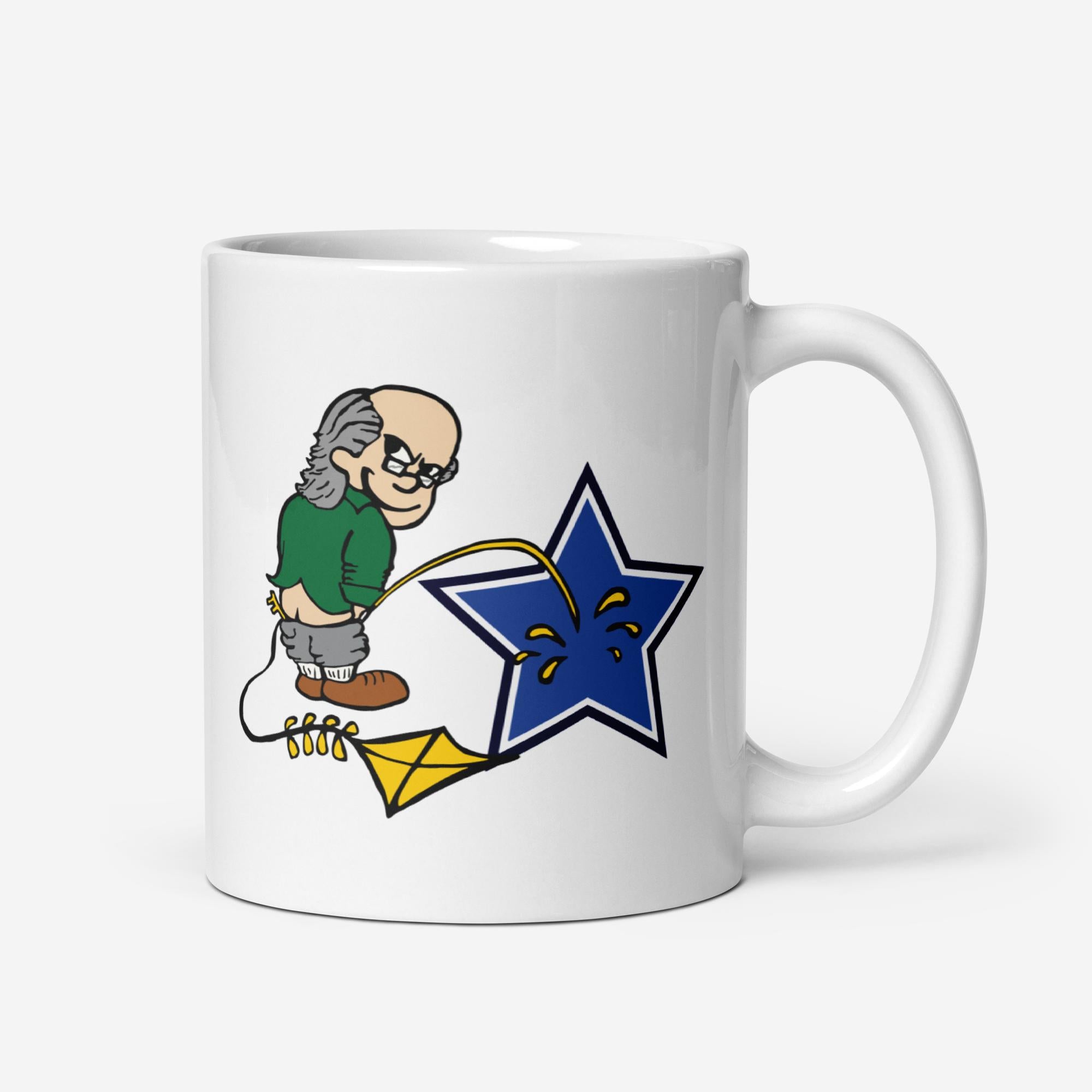 amazon.com 11 oz ivory color coffee mug Ben Franklin Whizzing on Cowboy Star