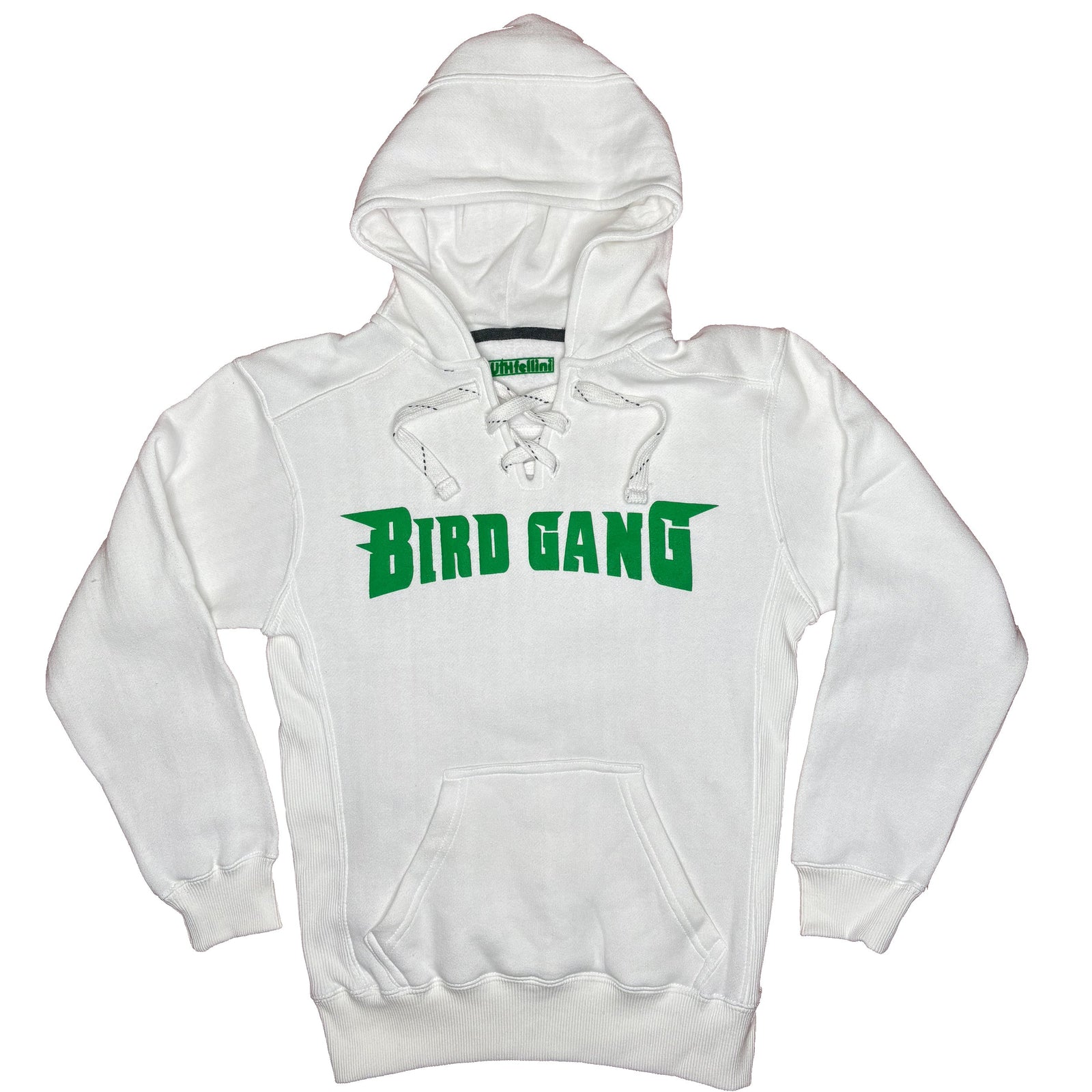 "Bird Gang Puffy Print Lace Up" White Hoodie