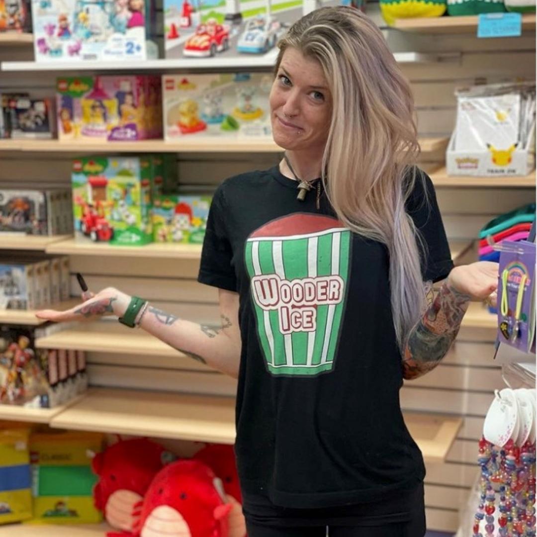 woman wearing a funny ritas wooder ice Phillygoat philadelphia phill t-shirt from phillygoat