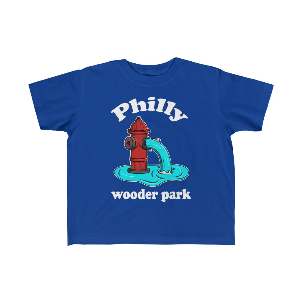 Philadelphia fire hydrant Philly wooder park on a royal blue kids t-shirt from Phillygoat