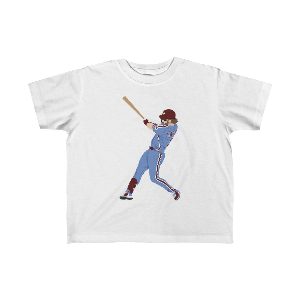 Philadelphia Phillies Bryce Harper bat swing on a white kids t-shirt from Phillygoat