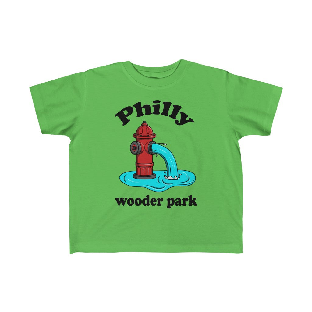 Philadelphia fire hydrant Philly wooder park on an apple green kids t-shirt from Phillygoat